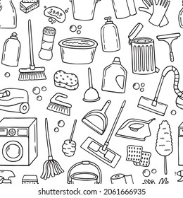 Seamless pattern of сleaning service doodle. Sketch of cleaning equipments, sponge, bucket, mop, vacuum, broom. White seamless background. Hand drawn vector illustration.
