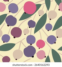 Seamless pattern with serviceberry in pink, yellow, blue and purple colors on yellow background with green leaves. Colorful simple berries could be used as print for  textile, card, wallpaper. 