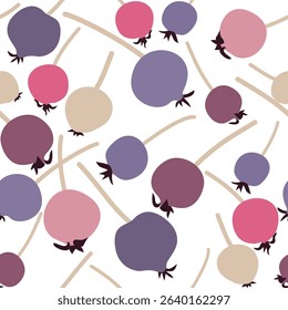 Seamless pattern with serviceberry in pink, yellow, blue and purple colors on white background. Colorful simple berries could be used as print for  textile, card, wallpaper, wrapping paper.