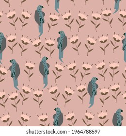 Seamless pattern of seryz parrots and pale pink flowers. Vector illustration 