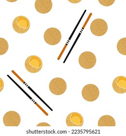 Seamless pattern with sesame balls and chopsticks. Asian traditional cuisine
