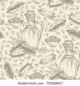 Seamless pattern with sesame and sesame oil: sesame seeds and bottle of sesame oil. Vector hand drawn illustration