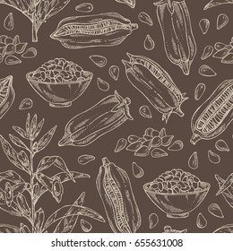 Seamless pattern with sesame: sesame plant and sesame seeds Vector hand drawn illustration.