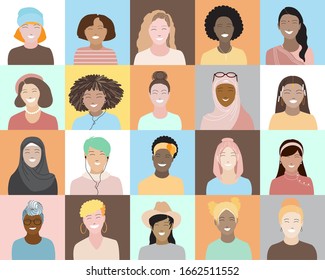 Seamless pattern with set of 20 diverse beautiful happy smiling women avatar icons, square frames. Races and nationalities diversity, multicultural, multi ethnic female characters collection vector. 