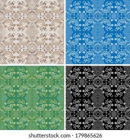 Seamless pattern, set of 4 different color backgrounds, hand drawn sketch, geometric ornament, vector lace texture