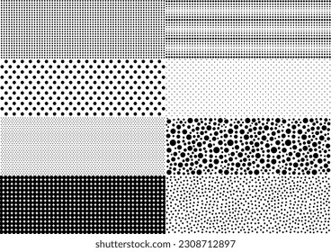 Seamless pattern set of 8 kinds of dots. Monochrome abstract geometric background pattern. Vector illustration. White background.