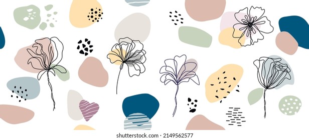 Seamless pattern from a set of abstract flowers drawn with one solid black line and colored spots. Modern banner, print, art design isolated on white background