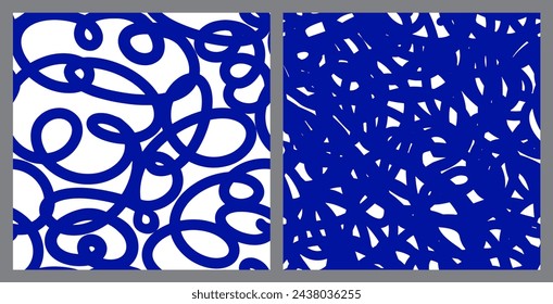 Seamless pattern set with abstract free curlicue lines in blue pen colors. Bold wavy handwriting Lines. Abstract Squiggle print. Naive playful background. Doodle drawing, Vector illustration.