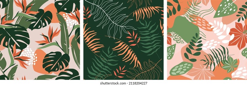 Seamless pattern set with abstract minimalistic contemporary tropical exotic print. Palm leaves, monsters, bright jungle forest. Vector graphics.