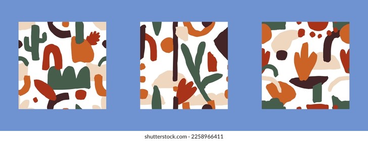 Seamless pattern set with abstract organic doodle shapes. Collage style contemporary print. Trendy repeat texture for design. Vector illustration