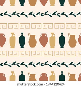 Seamless pattern of set of antique Greek colorful ceramic vases and border decoration. Modern illustration of  antiquity Pots and Urns