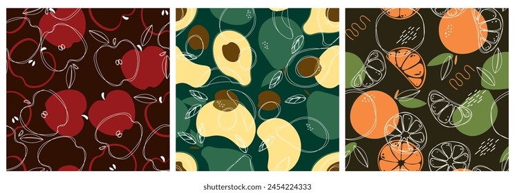 Seamless pattern set with apples, oranges, and avocado. Summer festive background collection for textile, fabric, birthday wrapping paper. Vector illustration