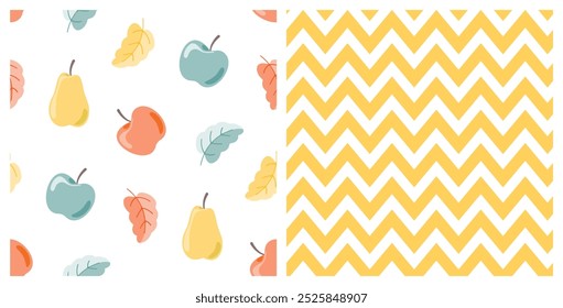 Seamless pattern set of apples, pears and Autumn leaves and chevron pattern, on isolated background. Hand drawn background for Autumn harvest holiday, Thanksgiving, Halloween, textile, scrapbooking.