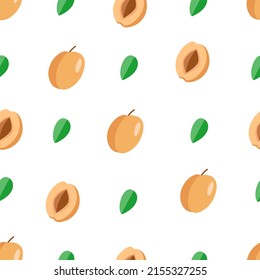 patrón ininterrumpido Conjunto de albaricoques enteros con una hoja, medio albaricoque con una piedra y una rebanada. Ilustración vectorial de bayas deliciosas maduras