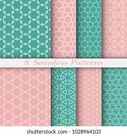 Seamless pattern set in arabic style. Stylish graphic colored geometric linear background. Line art texture for wallpaper, card, invitation, banner, fabric print. Ethnic ornament, vector illustration