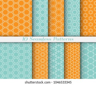 Seamless pattern set in arabic style. Stylish graphic colored geometric linear background. Line art texture for wallpaper, card, invitation, banner, fabric print. Ethnic ornament, vector illustration