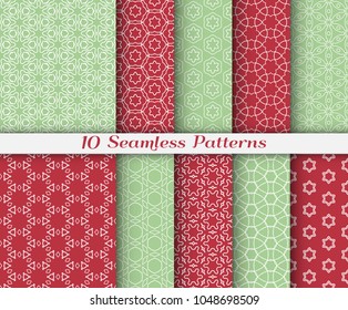 Seamless pattern set in arabic style. Stylish graphic colored geometric linear background. Line art texture for wallpaper, card, invitation, banner, fabric print. Ethnic ornament, vector illustration