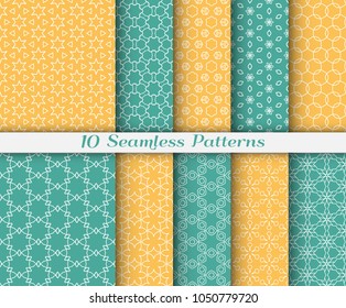 Seamless pattern set in arabic style. Stylish graphic colored geometric linear background. Line art texture for wallpaper, card, invitation, banner, fabric print. Ethnic ornament, vector illustration