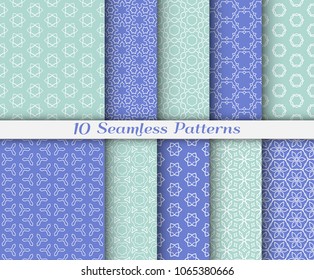 Seamless pattern set in arabic style. Stylish graphic colored geometric linear background. Line art texture for wallpaper, card, invitation, banner, fabric print. Ethnic ornament, vector illustration