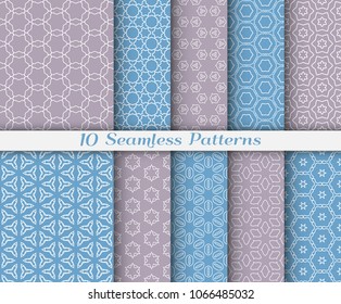 Seamless pattern set in arabic style. Stylish graphic colored geometric linear background. Line art texture for wallpaper, card, invitation, banner, fabric print. Ethnic ornament, vector illustration
