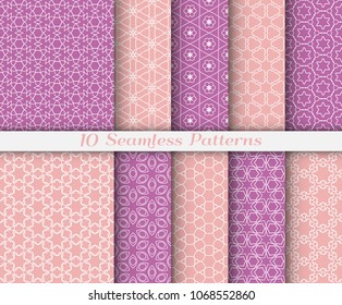Seamless pattern set in arabic style. Stylish graphic colored geometric linear background. Line art texture for wallpaper, card, invitation, banner, fabric print. Ethnic ornament, vector illustration