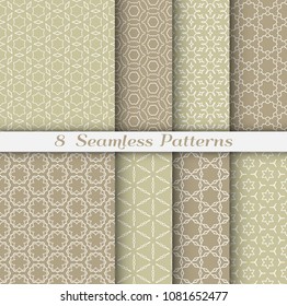 Seamless pattern set in arabic style. Stylish geometric line art white on colorful background. Repeating hexagonal texture for wallpaper, card, invitation, banner, fabric print. Tribal ethnic ornament