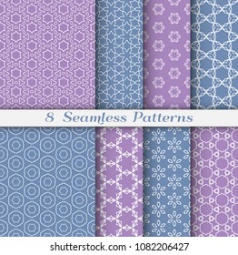 Seamless pattern set in arabic style. Stylish geometric line art white on colorful background. Repeating hexagonal texture for wallpaper, card, invitation, banner, fabric print. Tribal ethnic ornament