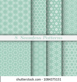 Seamless pattern set in arabic style. Stylish geometric line art white on colorful background. Repeating hexagonal texture for wallpaper, card, invitation, banner, fabric print. Tribal ethnic ornament