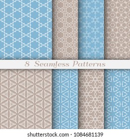 Seamless pattern set in arabic style. Stylish geometric line art white on colorful background. Repeating hexagonal texture for wallpaper, card, invitation, banner, fabric print. Tribal ethnic ornament