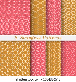Seamless pattern set in arabic style. Stylish geometric line art white on colorful background. Repeating hexagonal texture for wallpaper, card, invitation, banner, fabric print. Tribal ethnic ornament