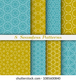 Seamless pattern set in arabic style. Stylish geometric line art white on colorful background. Repeating hexagonal texture for wallpaper, card, invitation, banner, fabric print. Tribal ethnic ornament