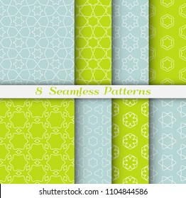 Seamless pattern set in arabic style. Stylish geometric line art white on colorful background. Repeating hexagonal texture for wallpaper, card, invitation, banner, fabric print. Tribal ethnic ornament