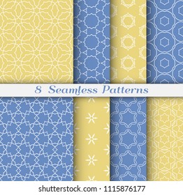 Seamless pattern set in arabic style. Stylish geometric line art white on colorful background. Repeating hexagonal texture for wallpaper, card, invitation, banner, fabric print. Tribal ethnic ornament