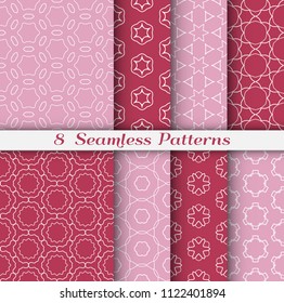 Seamless pattern set in arabic style. Stylish geometric line art white on colorful background. Repeating hexagonal texture for wallpaper, card, invitation, banner, fabric print. Tribal ethnic ornament