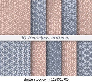 Seamless pattern set in arabic style. Stylish graphic colored geometric linear background. Line art texture for wallpaper, card, invitation, banner, fabric print. Ethnic ornament, vector illustration