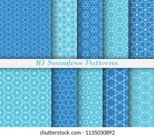 Seamless pattern set in arabic style. Stylish graphic colored geometric linear background. Line art texture for wallpaper, card, invitation, banner, fabric print. Ethnic ornament, vector illustration
