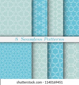 Seamless pattern set in arabic style. Stylish geometric line art white on colorful background. Repeating hexagonal texture for wallpaper, card, invitation, banner, fabric print. Tribal ethnic ornament