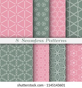 Seamless pattern set in arabic style. Stylish geometric line art white on colorful background. Repeating hexagonal texture for wallpaper, card, invitation, banner, fabric print. Tribal ethnic ornament