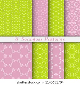 Seamless pattern set in arabic style. Stylish geometric line art white on colorful background. Repeating hexagonal texture for wallpaper, card, invitation, banner, fabric print. Tribal ethnic ornament