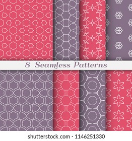 Seamless pattern set in arabic style. Stylish geometric line art white on colorful background. Repeating hexagonal texture for wallpaper, card, invitation, banner, fabric print. Tribal ethnic ornament