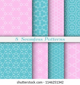 Seamless pattern set in arabic style. Stylish geometric line art white on colorful background. Repeating hexagonal texture for wallpaper, card, invitation, banner, fabric print. Tribal ethnic ornament