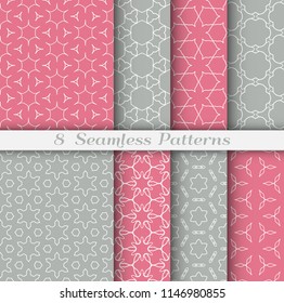 Seamless pattern set in arabic style. Stylish geometric line art white on colorful background. Repeating hexagonal texture for wallpaper, card, invitation, banner, fabric print. Tribal ethnic ornament