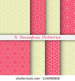 Seamless pattern set in arabic style. Stylish geometric line art white on colorful background. Repeating hexagonal texture for wallpaper, card, invitation, banner, fabric print. Tribal ethnic ornament