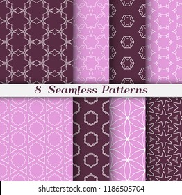 Seamless pattern set in arabic style. Stylish geometric line art white on colorful background. Repeating hexagonal texture for wallpaper, card, invitation, banner, fabric print. Tribal ethnic ornament