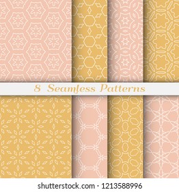 Seamless pattern set in arabic style. Stylish geometric line art white on colorful background. Repeating hexagonal texture for wallpaper, card, invitation, banner, fabric print. Tribal ethnic ornament