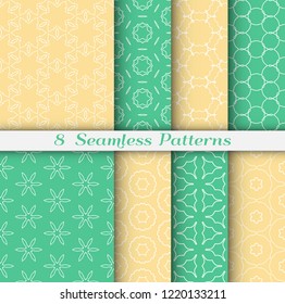 Seamless pattern set in arabic style. Stylish geometric line art white on colorful background. Repeating hexagonal texture for wallpaper, card, invitation, banner, fabric print. Tribal ethnic ornament
