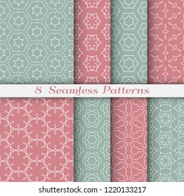 Seamless pattern set in arabic style. Stylish geometric line art white on colorful background. Repeating hexagonal texture for wallpaper, card, invitation, banner, fabric print. Tribal ethnic ornament