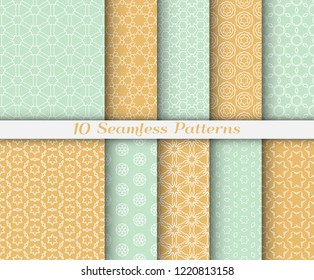 Seamless pattern set in arabic style. Stylish graphic colored geometric linear background. Line art texture for wallpaper, card, invitation, banner, fabric print. Ethnic ornament, vector illustration