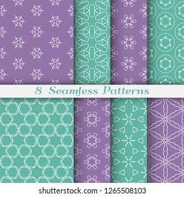 Seamless pattern set in arabic style. Stylish geometric line art white on colorful background. Repeating hexagonal texture for wallpaper, card, invitation, banner, fabric print. Tribal ethnic ornament