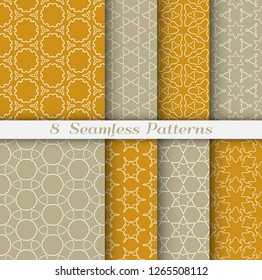 Seamless pattern set in arabic style. Stylish geometric line art white on colorful background. Repeating hexagonal texture for wallpaper, card, invitation, banner, fabric print. Tribal ethnic ornament